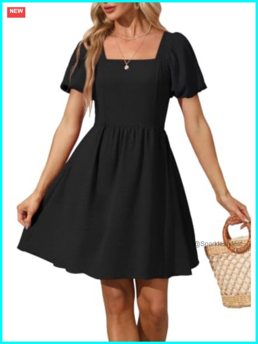 Womens Square Neck Puff Sleeve Tie Back Babydoll Dress Zipper
